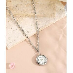 Silver Round Quartz Watch Pendant Necklace Adjstbl Chain Analog Charm Smll Clock